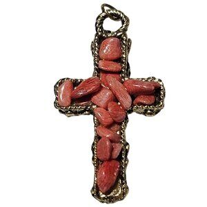 Elegant Coral Stone Cross Pendant Ornate Gold Tone Metalwork Religious Spiritual